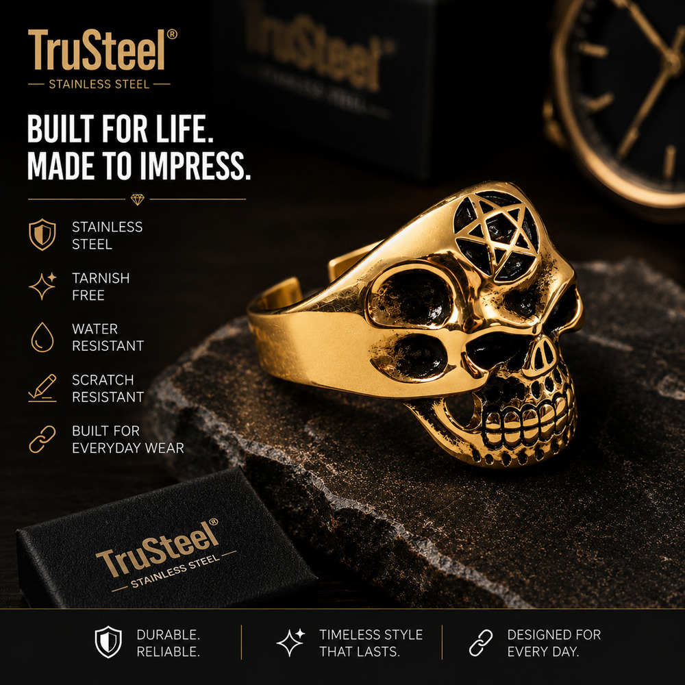 Men’s 316L Stainless Steel hypoallergenic gothic biker gold skull Ring Size 14